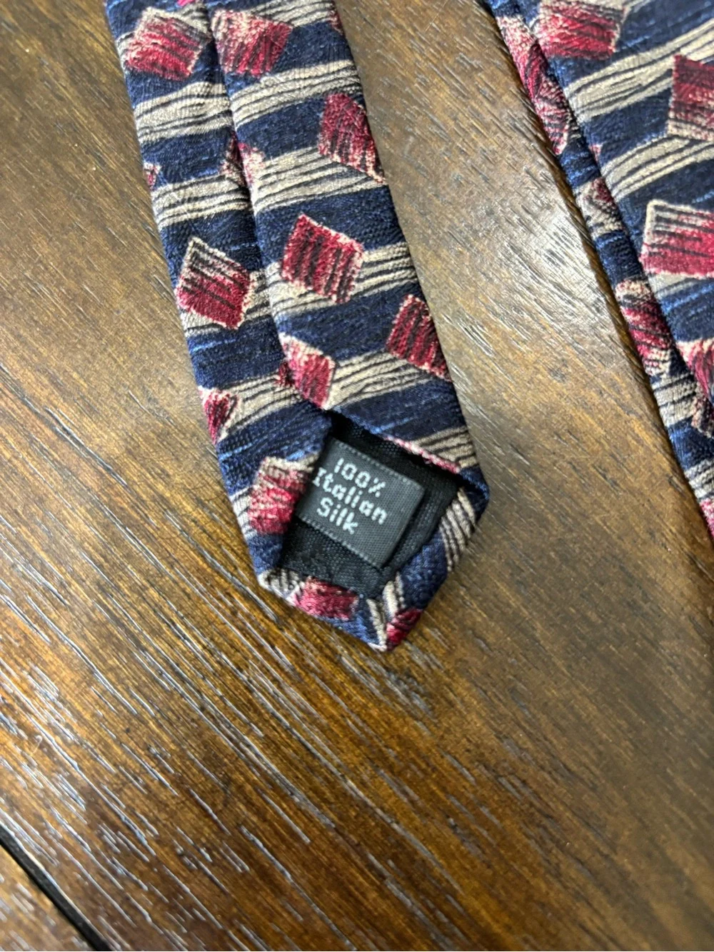Bugatti 100% Italian Silk Geometric Necktie Navy Burgundy Made in USA